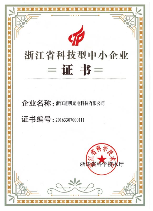 2016年道明光電科技型中小企業(yè)證書(shū)